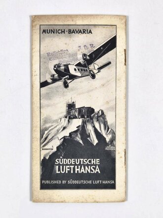 Süddeutsche Lufthansa, Werbebroschüre "Munich - Bavaria", 12 Seiten, in englischer Sprache, vermutlich 1930er Jahre, ca. 20,5 x 20,5 cm, gefaltet, Stockflecken, gebraucht