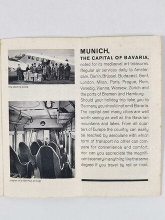 Süddeutsche Lufthansa, Werbebroschüre "Munich - Bavaria", 12 Seiten, in englischer Sprache, vermutlich 1930er Jahre, ca. 20,5 x 20,5 cm, gefaltet, Stockflecken, gebraucht