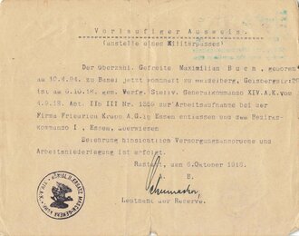 1. Weltkrieg, Vorläufiger Ausweis und...