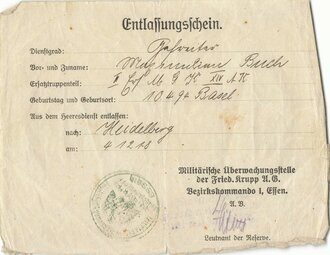 1. Weltkrieg, Vorläufiger Ausweis und Entlassungsschein eines Gefreiten aus Basel (!), "Königl. II. Ersatz Masch.-Gewehr Komp. XIV. AK", Essen/Heidelberg/Rastatt,  Oktober und Dezember 1918,  ca. DIN A5/7, gefaltet, gebraucht