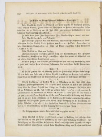 Deutsch-deutscher Krieg 1866, Österreich-Ungarn, "Reichs-Gesetz-Blatt für das Kaiserthum Oesterreich - 103. Friedensvertrag zwischen Österreich und Preußen vom 23. August 1866", 8 Seiten, ca. DIN A4, gebraucht