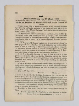 Deutsch-deutscher Krieg 1866, Österreich-Ungarn, "Reichs-Gesetz-Blatt für das Kaiserthum Oesterreich - 103. Friedensvertrag zwischen Österreich und Preußen vom 23. August 1866", 8 Seiten, ca. DIN A4, gebraucht