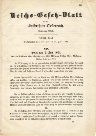 Österreich-Ungarn, "Reichs-Gesetz-Blatt für das Kaiserthum Oesterreich Jahrgang 1866", Nr. 89, 7. Juli 1866, 1 Seite, ca. DIN A4, gebraucht