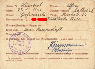 NSDAP "Ausweis für aktive Teilnehmer des Reichsparteitages 1935" eines Politischen Leiters aus Saarbrücken, 10,5 x 17,5 cm, gebraucht