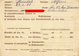 NSDAP "Ausweis für aktive Teilnehmer des Reichsparteitages 1937" eines Zellenleiters aus Saarbrücken, 10,5 x 17,5 cm, gebraucht