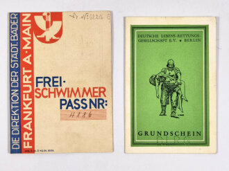 Leistungsschein "DLRG Grundschein" und "Freischwimmer Pass" eines Schülers aus Frankfurt am Main, mit Lichtbild, 1933-1937, ca. 10 x 14 cm, guter Zustand