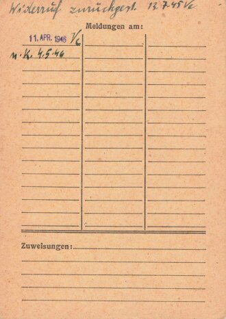 "Allierte Reise-Erlaubnis" und "Meldekarte" für den Arbeitseinsatz ehemaliger NSDAP Mitglieder" einer Beamtin, Wien 1945/47, 10,5 x 15 cm, guter Zustand