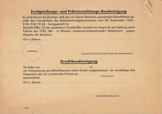 DWH Deutsches Wohnungs Hilfswerk, "Baukarte zur Errichtung eines Behelfsheimes" mit je 2 Bezugsscheinen für Türen und Fenster und einem Schreiben, Bad Soden, 26.6.1944, DIN A5, guter Zustand