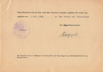 DWH Deutsches Wohnungs Hilfswerk, "Baukarte zur Errichtung eines Behelfsheimes" mit je 2 Bezugsscheinen für Türen und Fenster und einem Schreiben, Bad Soden, 26.6.1944, DIN A5, guter Zustand