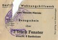 DWH Deutsches Wohnungs Hilfswerk, "Baukarte zur Errichtung eines Behelfsheimes" mit je 2 Bezugsscheinen für Türen und Fenster und einem Schreiben, Bad Soden, 26.6.1944, DIN A5, guter Zustand