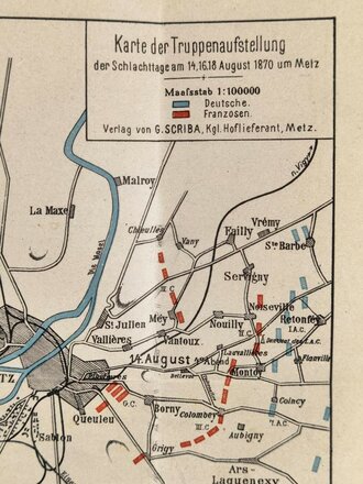 Deutsch-französischer Krieg 1870/71, "Illustrierter Führer durch Metz und über die Schlachtfelder", 35 Seiten mit Stadtplan, Landkarte und Karte über Truppenaufstellung August 1870, 1911, 11 x 16 cm, gebraucht