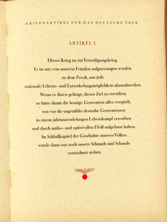 NSDAP, Die 30 "Kriegsartikel für das Deutsche Volk", ungebundener Sonderdruck für die Partei, limitiert auf 3500 Exemplare, 36 ungetrennte Seiten, gefunden i.d. Bombennacht 11./12. September 1944 in Darmstadt, ca. DIN A4, guter Zustand