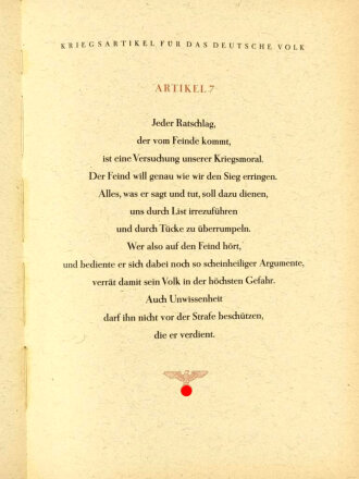 NSDAP, Die 30 "Kriegsartikel für das Deutsche Volk", ungebundener Sonderdruck für die Partei, limitiert auf 3500 Exemplare, 36 ungetrennte Seiten, gefunden i.d. Bombennacht 11./12. September 1944 in Darmstadt, ca. DIN A4, guter Zustand