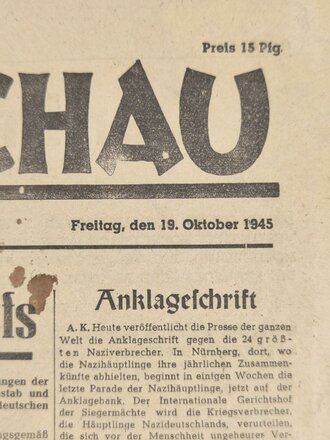 Deutschland nach 1945, Tägliche Rundschau - Zeitung für die deutsche Bevölkerung, Titelblatt "Nürnberger Prozesse", Nr. 136, 19. Oktober 1945, gefaltet, gebraucht