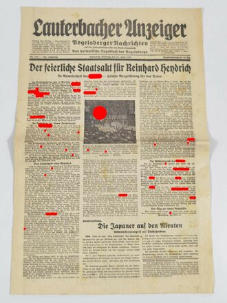 Lauterbacher Anzeiger, Titelblatt: "Der feierliche Staatsakt für Reinhard Heydrich", Nr. 133, 10. Juni 1942, gefaltet, fleckig, gebraucht