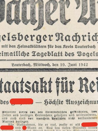 Lauterbacher Anzeiger, Titelblatt: "Der feierliche Staatsakt für Reinhard Heydrich", Nr. 133, 10. Juni 1942, gefaltet, fleckig, gebraucht