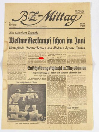 Berliner Zeitung (B.Z.) am Mittag, Titelblatt "Max Schmelings Triumph", Nr. 60, 11. März 1935, gefaltet, gebraucht