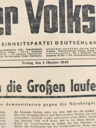 DDR/SED, Leipziger Volkszeitung, Titelblatt: Nürnberger Prozesse, Bezirk Westsachsen, 4. Oktober 1946, gebraucht
