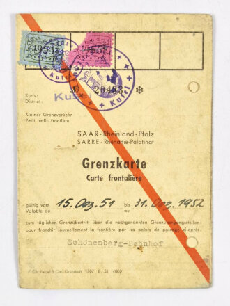 Deutschland nach 1945 "Grenzkarte", Saar-Rheinland Pfalz, Kreis Kusel, 15.10.1951-31.12.1952, gebraucht