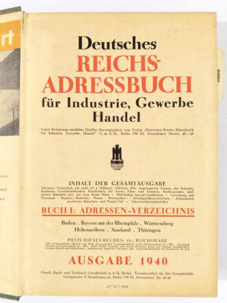 "Deutsches Reichs-Adressbuch für Industrie, Gewerbe, Handel", Ausgabe 1940, Sempel: Rheinschiffahrt AG Mannheim, 2188 Seiten, 30 x 21 x 10 cm, gebraucht, HAKENKREUZ ENTFERNT