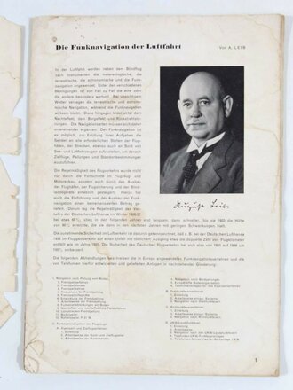 "Die Funknavigation der Luftfahrt", A. Leib, Sonderdruck aus den Telefunken Hausmitteilungen vom Dezember 1939, 59 Seiten, DIN A4, stark gebraucht, Wasserschaden