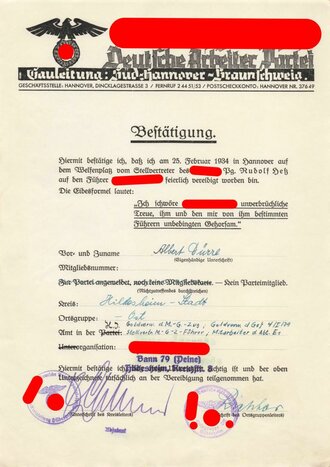 Vereidigungsurkunde für einen Angehörigen des  HJ Bann 79 (Peine), 1934, DIN A4, guter Zustand