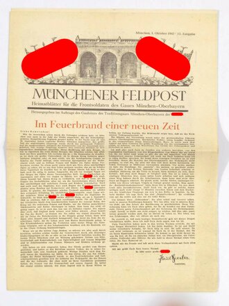 "Muenchener Feldpost - Heimatblätter für die Frontsoldaten des Gaues München-Oberbayern", Gauleiter Paul Giesler, 1. Oktober 1942, 12. Ausgabe, 15 Seiten, gefaltet, guter Zustand