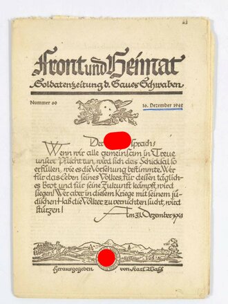 "Front und Heimat -  Soldatenzeitung d. Gaues Schwaben", Nr. 60, 16. Dezember 1942, gebraucht