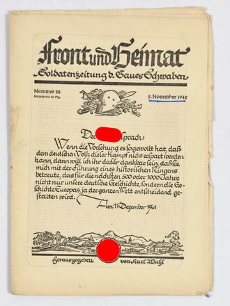 "Front und Heimat -  Soldatenzeitung d. Gaues Schwaben", Nr. 58, 5. November 1942, gebraucht