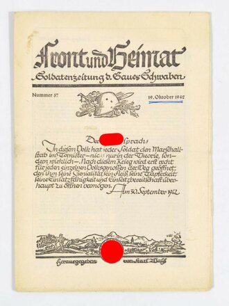 "Front und Heimat -  Soldatenzeitung d. Gaues Schwaben", Nr. 57, 19. Oktober 1942, gebraucht