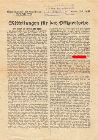 OKW "Mitteilungen für das Offizierskorps", Reserve Lazarett Bad Reichenhall, 13. Oktober 1943, DIN A4, gebraucht