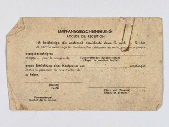 "Bezugschein", gültig zum Einkauf in Frankreich und Belgien, datiert 1941, 8 x 13,5, gebraucht, Stempel der " Dienststelle Frontführung"