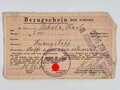 "Bezugschein", gültig zum Einkauf in Frankreich und Belgien, datiert 1941, 8 x 13,5, gebraucht, Stempel der " Dienststelle Frontführung"