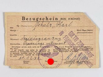"Bezugschein", gültig zum Einkauf in Frankreich und Belgien, datiert 1941, 8 x 13,5, gebraucht, Stempel der " Dienststelle Frontführung"