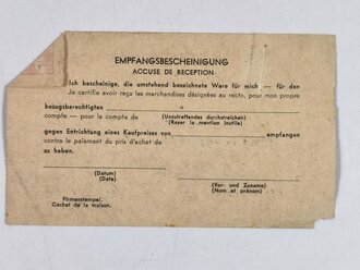 "Bezugschein", gültig zum Einkauf in Frankreich und Belgien, datiert 1941, 8 x 13,5, gebraucht, Stempel der " Dienststelle Frontführung"