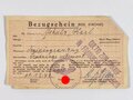 "Bezugschein", gültig zum Einkauf in Frankreich und Belgien, datiert 1941, 8 x 13,5, gebraucht, Stempel der " Dienststelle Frontführung"