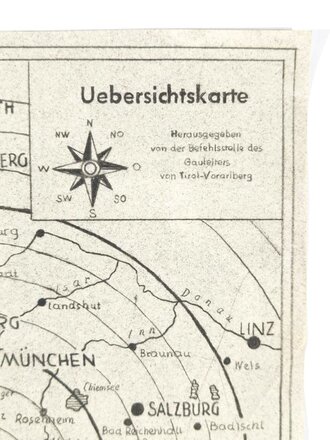 "Uebersichtkarte", Luftraum Innsbruck, Gauleitung Tirol-Voralberg, 39 x 31 cm, guter Zustand