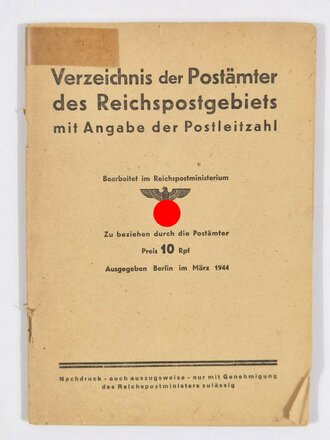 "Verzeichnis der Postämter des Reichsgebiets mit Angabe der Postleitzahl", Reichspostministerium, März 1944, 94 Seiten, DIN A5, gebraucht, Einband geklebt