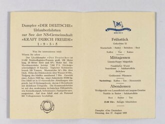 NSG KdF, Konvolut Dampfer "Der Deutsche", 2 Kofferaufkleber/Vignetten, Preisliste für Getränke und Tabakwaren sowie Ansichtskarte mit Speisefolge, 27.08.1935, ca. DIN A5, Vignetten 11,5 und 14,5 cm, sehr guter Zustand