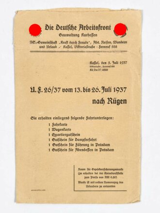 DAF NSG KdF, Konvolut "Fahrt nach Rügen", Gau Hessen-Nassau, 3 Anmeldungsscheine, 1 Informationsblatt, 1 Umschlag, Juli 1937, ca. DIN A4, gebraucht