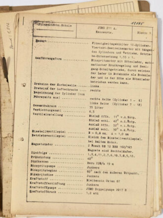 Luftwaffe, Konvolut Schulungsunterlagen, u.a. Höhere Flugtechnische Schule Jüterborg, Jumo 211, Bramo 323, inkl.Technische Zeichnungen, ca. 100 Seiten, um 1940, gebraucht