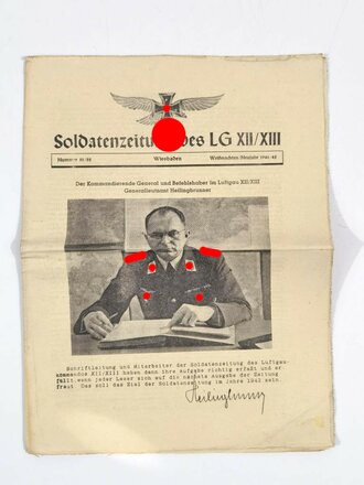 "Soldatenzeitung des LG XII/XIII", Titelblatt: Generalleutnant Heilingbrunner, Nr. 51/52, Wiesbaden, Weihnachten/Neujahr 1941/42, DIN A4, gefaltet und gebraucht