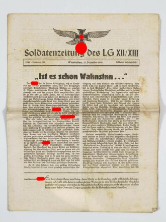 "Soldatenzeitung des LG XII/XIII", Titelblatt: "Ist es schon Wahnsinn...", Nr. 50, Wiesbaden, 17. Dezember 1941, DIN A4, gefaltet und gebraucht