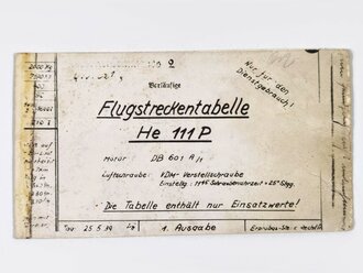 Flugstreckentabelle He 111 P, datiert 1939,14,5 x 8, gebraucht