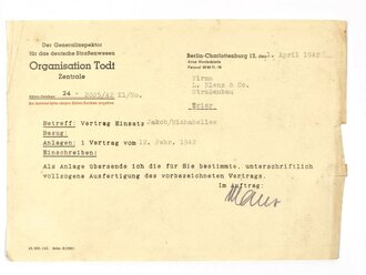 Organisation Todt, Besiegelter Vertrag mit der Firma "L. Elenz & Co. Trier" über Ausführung von Straßenbauaufgaben, inkl. zugehöriger Unterlagen, 1941-1942, ca. 70 Seiten, DIN A4, guter gebrauchter Zustand