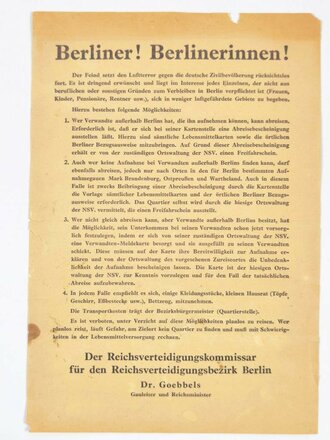 Luftschutz, Flugblatt/Wandanschlag "Berliner! Berlinerinnen!", Dr. Goebbels, ohne Jahr, ca. DIN A4, gebraucht