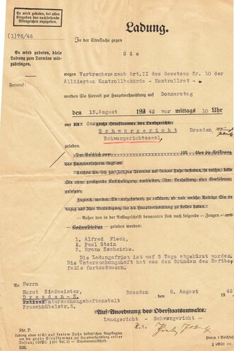 Nachkrieg 1945, Gerichtliche Vorladung, Alliierte Kontrollbehörde/Schwurgericht Dresden, 8. August 1945, ca. DIN A4, gefaltet, gebraucht, eingerissen