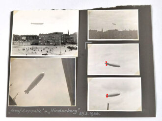 Luftschiff, 5 Fotografien der Luftschiffe "Graf Zeppelin" und "Hindenburg" und 2 Fotografien "Zirkus", Seite aus Fotoalbum herausgerissen, 29.3.1936, ca. 11 x 8 cm und kleiner, guter Zustand