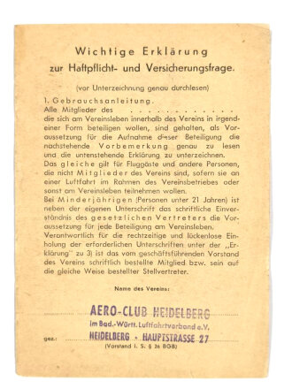 NSFK Flugbuch und Werkstattdienstbuch, NSFK Gruppe 16 Sturm 3/80 Heidelberg, inkl. Unterlagen zur Haftpflichtversicherung, guter gebrauchter Zustand