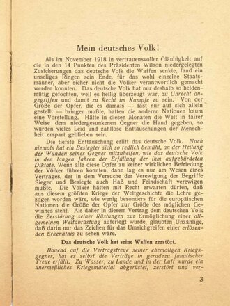 "Deutschlands Bekenntnis zum Frieden", Rede Adolf Hitlers vom 14. Oktober 1933, 13 Seiten, ca. DIN A5, einige Seiten unten leicht eingerissen, sonst guter Zustand